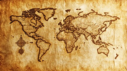 A vintage world map with an antique compass in a sepia toned design, offering an old-world charm and a sense of exploration, perfect for history enthusiasts and travelers.