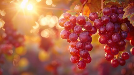 Sun setting on dewy red grapes in a vineyard at sunset
