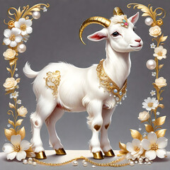 Goat in decorative gold vine,flora,pearls standing proud