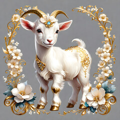 Curious gold vine adorned goat with flowers and pearls, overlooking.