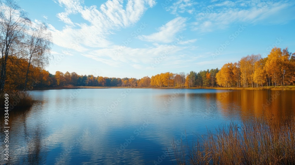 Poster a lake surrounded by trees and grass with a blue sky, ai