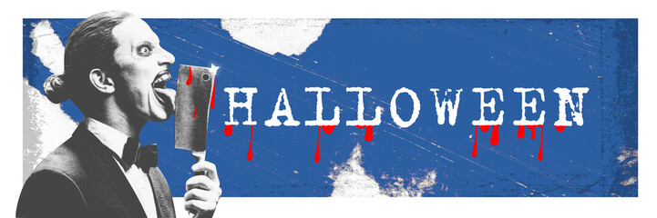 Blend of humor and horror. Man in suit and creepy makeup locking bloodied knife with letters Halloween. Contemporary art collage. Halloween, holiday, creative design concept. Poster, postcard template