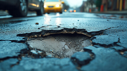 hole in an asphalt road with sunlight streaming through highlights the urgent need for road repairs, symbolizing both vulnerability and the importance of infrastructure maintenance