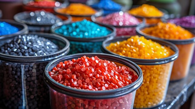 Colorful plastic granules for injection molding in containers