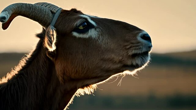 Goat with curved horns and a beard, nibbling on leaves.