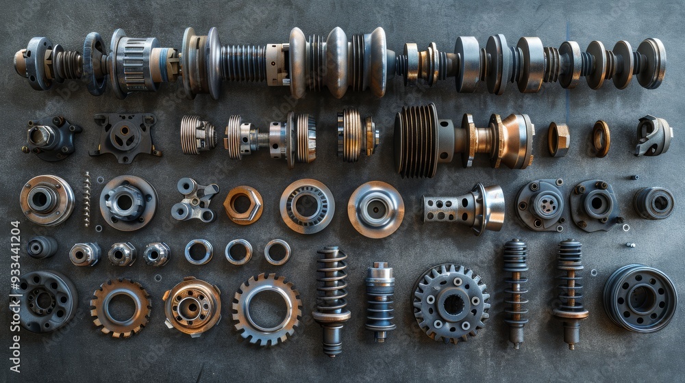 Poster assorted car parts arranged neatly on a textured surface