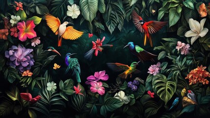 A lush floral paradise with colorful blooms and fluttering birds is displayed on a dark background