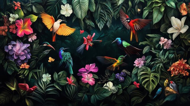 A lush floral paradise with colorful blooms and fluttering birds is displayed on a dark background