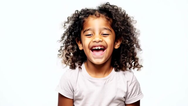 Young African American girl with curly hair giggling on plain white background