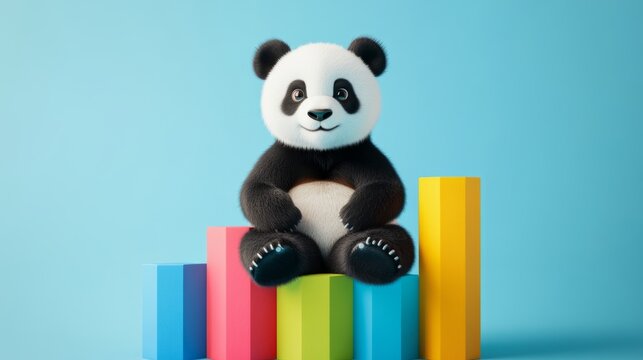 A panda sits on colorful bar charts, symbolizing data cleaning and analysis using the Pandas tool