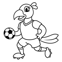 Playful Parrot Kicking a Football line art vector illustration