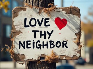 "Love Thy Neighbor" sign in handwritten style showing age and wear