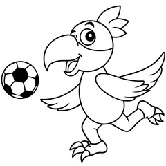 Playful Parrot Kicking a Football line art vector illustration