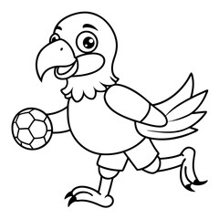 Playful Parrot Kicking a Football line art vector illustration