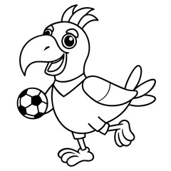 Playful Parrot Kicking a Football line art vector illustration