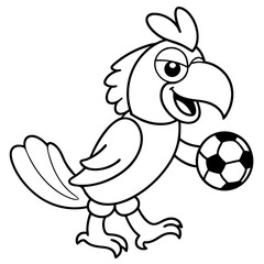 Playful Parrot Kicking a Football line art vector illustration