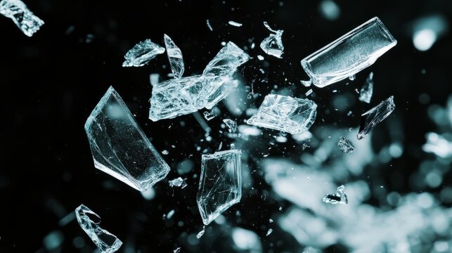 Broken glass fragments exploding in the air with a black background that contrasts with the broken class pieces in a motion and bokeh blur effect