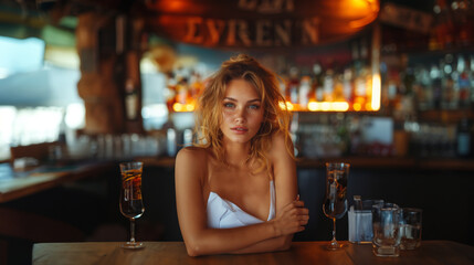 Woman in a bar abstaining from an alcoholic drink showing resolve