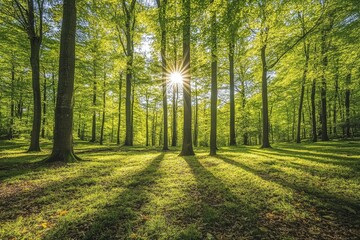 Obraz premium A lush and sunlit green forest scene with rays of sunlight breaking through the dense trees, creating a serene and peaceful atmosphere filled with natural beauty.