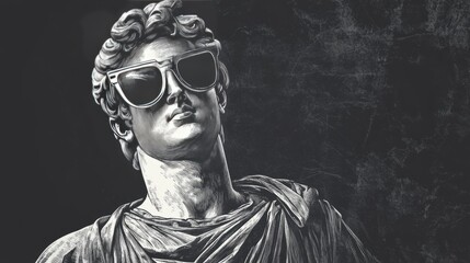 Classical statue wearing sunglasses, ancient art with a modern, stylish twist sketch engraving fictional character raster illustration. Scratch board imitation. Black and white image