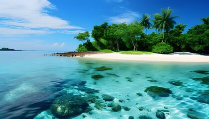 Beautiful tropical island, sandy beaches and clear sea water contrast each other, lush trees, quiet and natural.