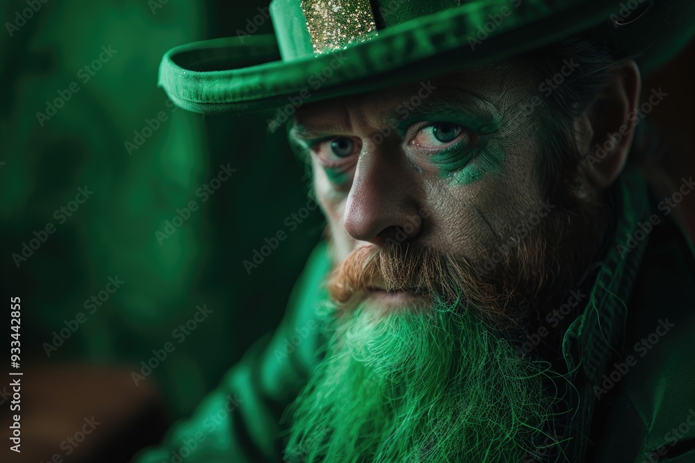 Poster a close-up portrait of a man wearing a green hat, suitable for use in various editorial and commerci