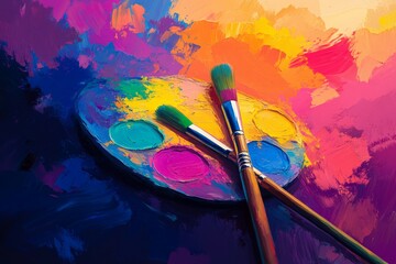 Fototapeta premium A bright and colorful illustration of a painter's palette, with vivid colors and brushes 