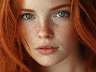 Naklejka premium Portrait of a woman with captivating blue eyes, framed by flowing auburn hair. Her eyes sparkling with intelligence and warmth, conveying a sense of confidence.