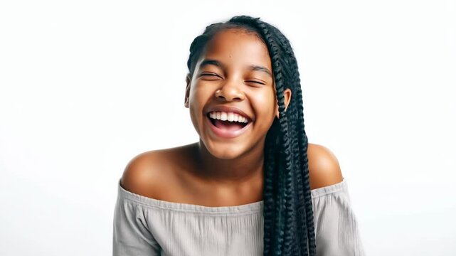 Teenage African American girl with braids giggling on plain white background