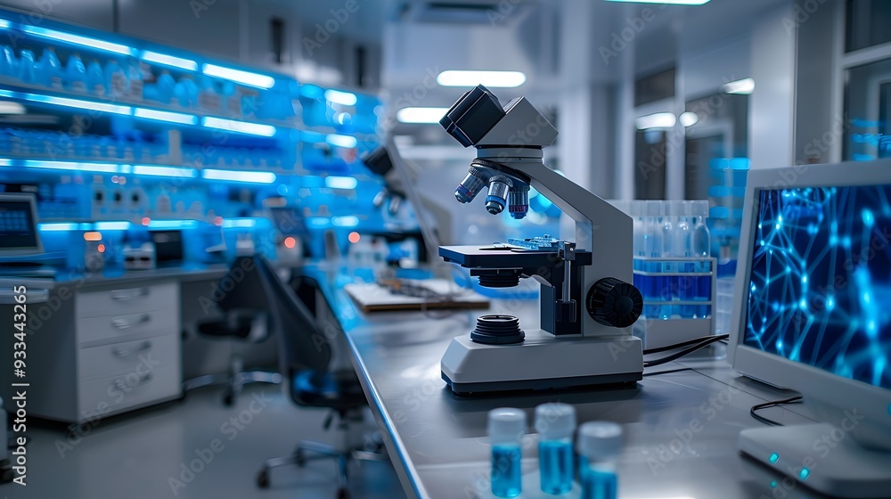 Poster advanced biotechnology laboratory exploring synthetic microorganisms for industrial applications
