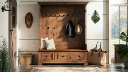 Rustic Entryway with Wooden Bench and Coat Rack