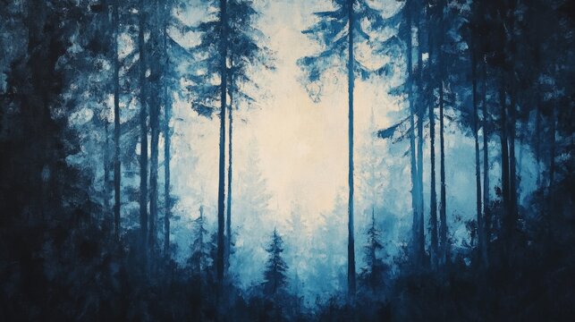 Forest tree silhouettes, a forest landscape, an oil painting, brush textures, a pattern, and a mural can be seen in the design