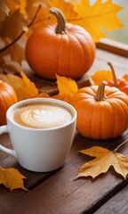 Close up of a spice pumpkin coffee with latte art. Autumn still life with cappuccino, gourd decor and yellow fall leaves on wooden table. Seasonal concept local town caffee promo or advertising.
