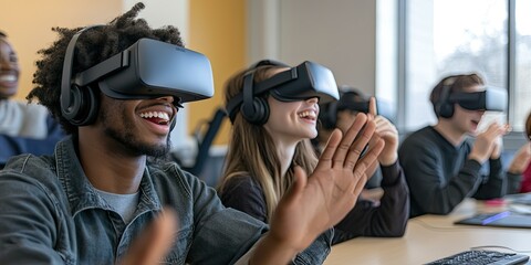 People wearing VR headsets, interacting, smiling.
