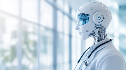 A robotic doctor equipped with a stethoscope, standing in a modern medical facility with large glass windows, representing the future of AI in medicine, robotic doctor, stethoscope