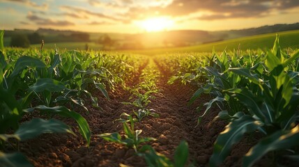 Obraz premium lush organic corn field golden sunlight sustainable agriculture vibrant green crops stretching to horizon