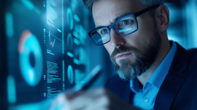 A data scientist using a stylus on a tablet while surrounded by holographic data visualizations and pie charts, focused on real-time analytics in a high-tech setting, data scientis