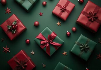 Flat lay of red and green Christmas gifts with star ornaments on dark green background.