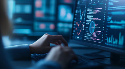 A financial analyst engaging with multiple floating data dashboards that display interactive graphs, pie charts, and performance metrics in a high-tech office, financial analyst, f