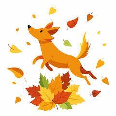 Dog Leaping Through Autumn Leaves - A Playful Dog Amidst a Whirlwind of Colorful Fall Foliage on a White Background art vector illustration