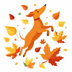 Dog Leaping Through Autumn Leaves - A Playful Dog Amidst a Whirlwind of Colorful Fall Foliage on a White Background art vector illustration