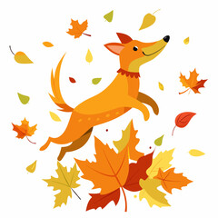 Dog Leaping Through Autumn Leaves - A Playful Dog Amidst a Whirlwind of Colorful Fall Foliage on a White Background art vector illustration