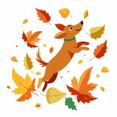 Dog Leaping Through Autumn Leaves - A Playful Dog Amidst a Whirlwind of Colorful Fall Foliage on a White Background art vector illustration