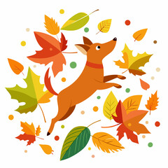 Dog Leaping Through Autumn Leaves - A Playful Dog Amidst a Whirlwind of Colorful Fall Foliage on a White Background art vector illustration