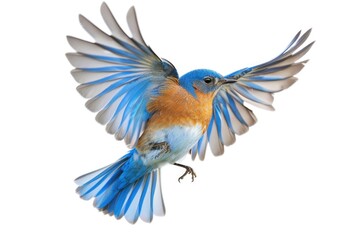 A blue and orange bird soars through the sky