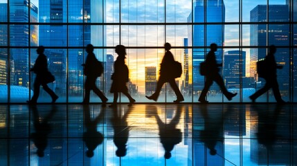 Silhouettes of people walking in a business district at twilight, blue-toned and reflective flooring, showcasing urban living