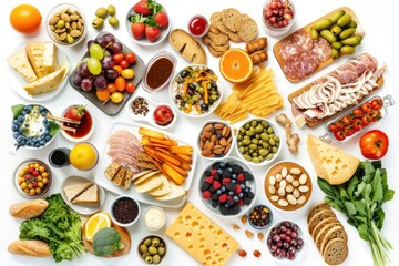 A variety of food arranged in a circular pattern