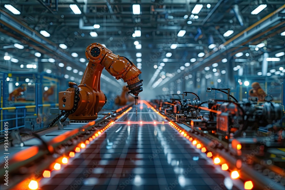 Poster automation factory with robot assembly line produce solar panels, industry 4.0