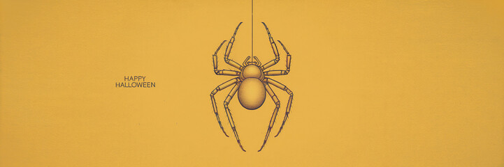 Obraz premium horror spider isolated on yellow background with minimal happy halloween text