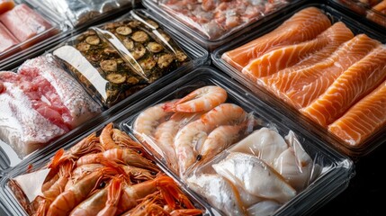 There are a variety of fresh fish packages, seafood packages, shrimp packs, vacuum packs, and prawn meat packs for supermarket freezers